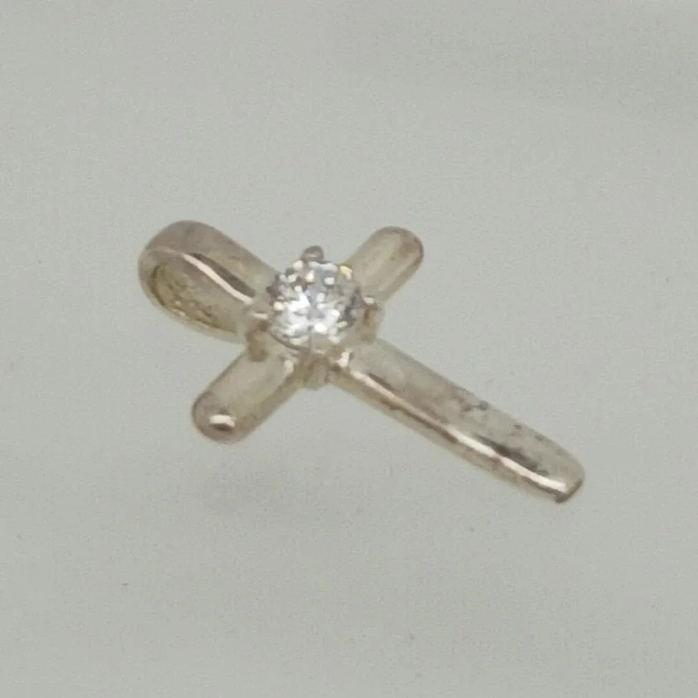 Sterling Silver 925 Cross Pendant Round Cubic Zirconia Religious Charm 0.75 Inch